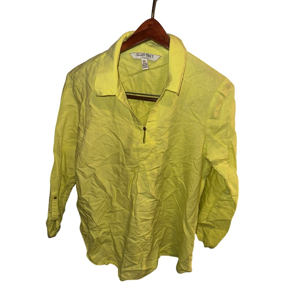Ellen Tracy Linen Tunic Top Womens Medium Yellow Roll Tab Sleeve V-Neck